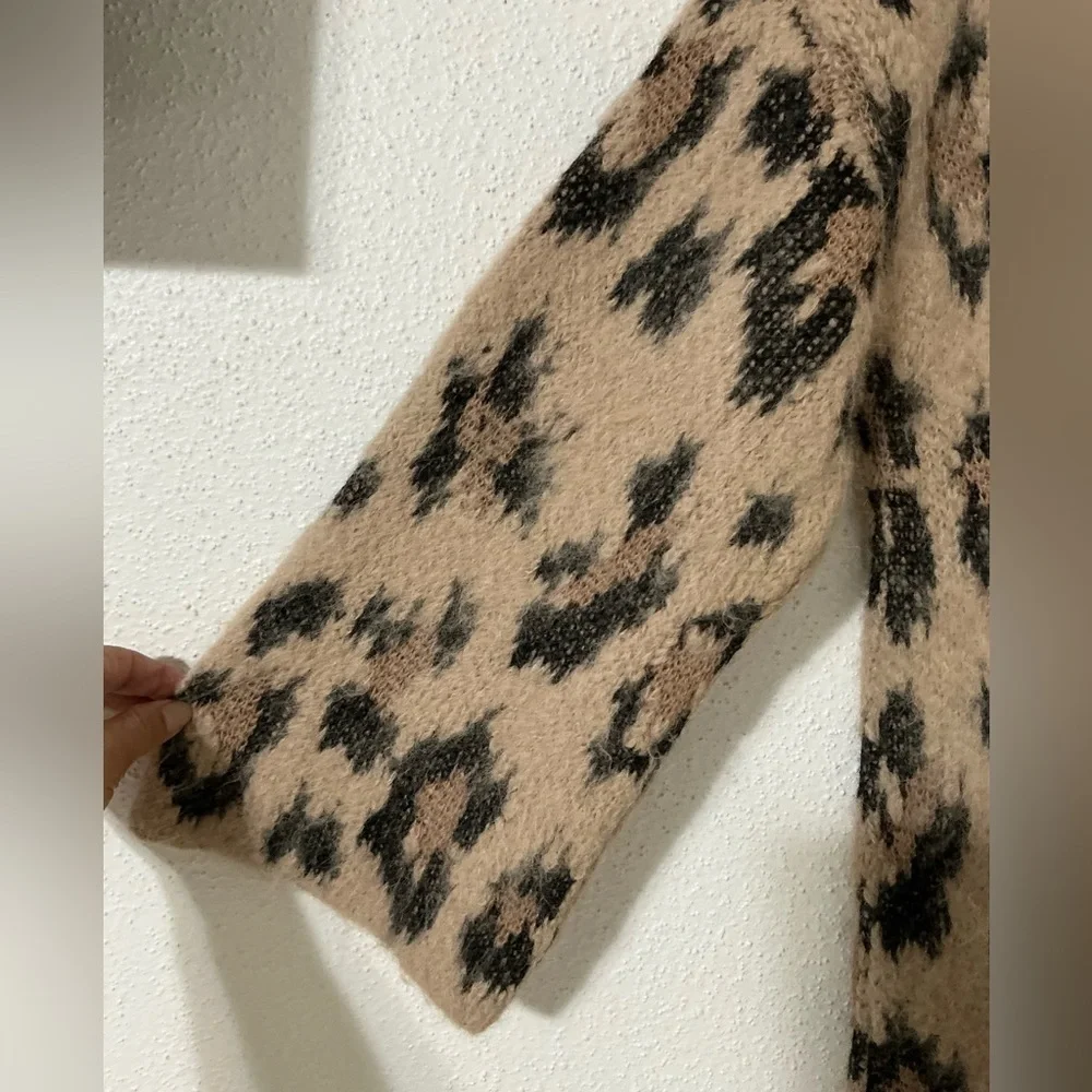 Kate Spade Leopard Print Chunky Sweater Alpaca Wool Oversized Mock Neck | XL